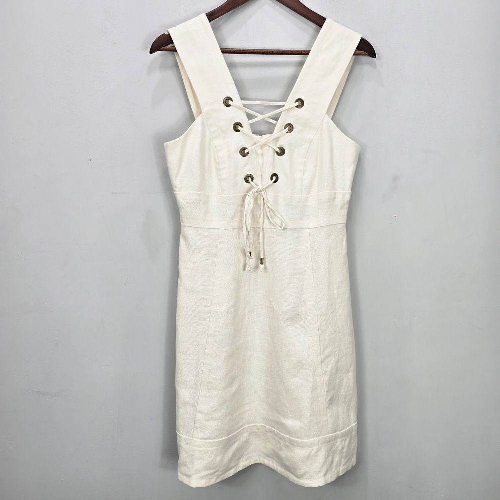 J Crew Mini Dress 4 Ivory 100% Linen Lace Up Travel Resort Cottage Vacation NWT